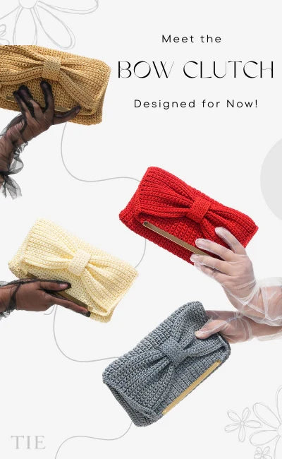 Three bow clutches in red, yellow, and gray held by different hands against a white background.